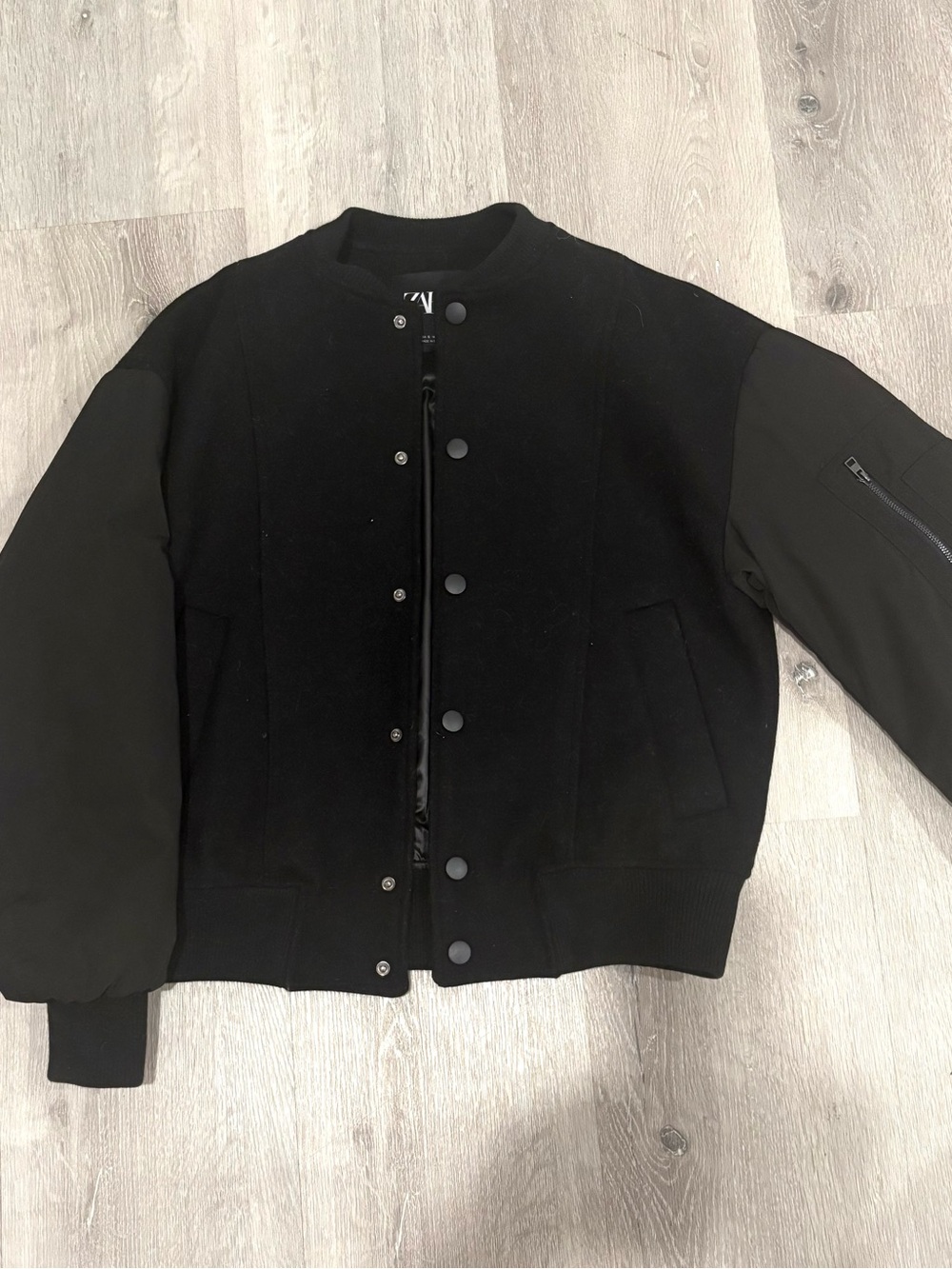 Women's Small Black Bomber Wool/ Nylon Jacket - Lightweight Matte Sleeve Design